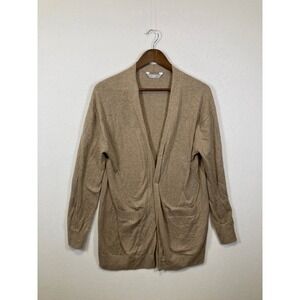 LUXURY Cashmere Blend Cardigan Taupe Open Front Long Sleeve Women's Size L